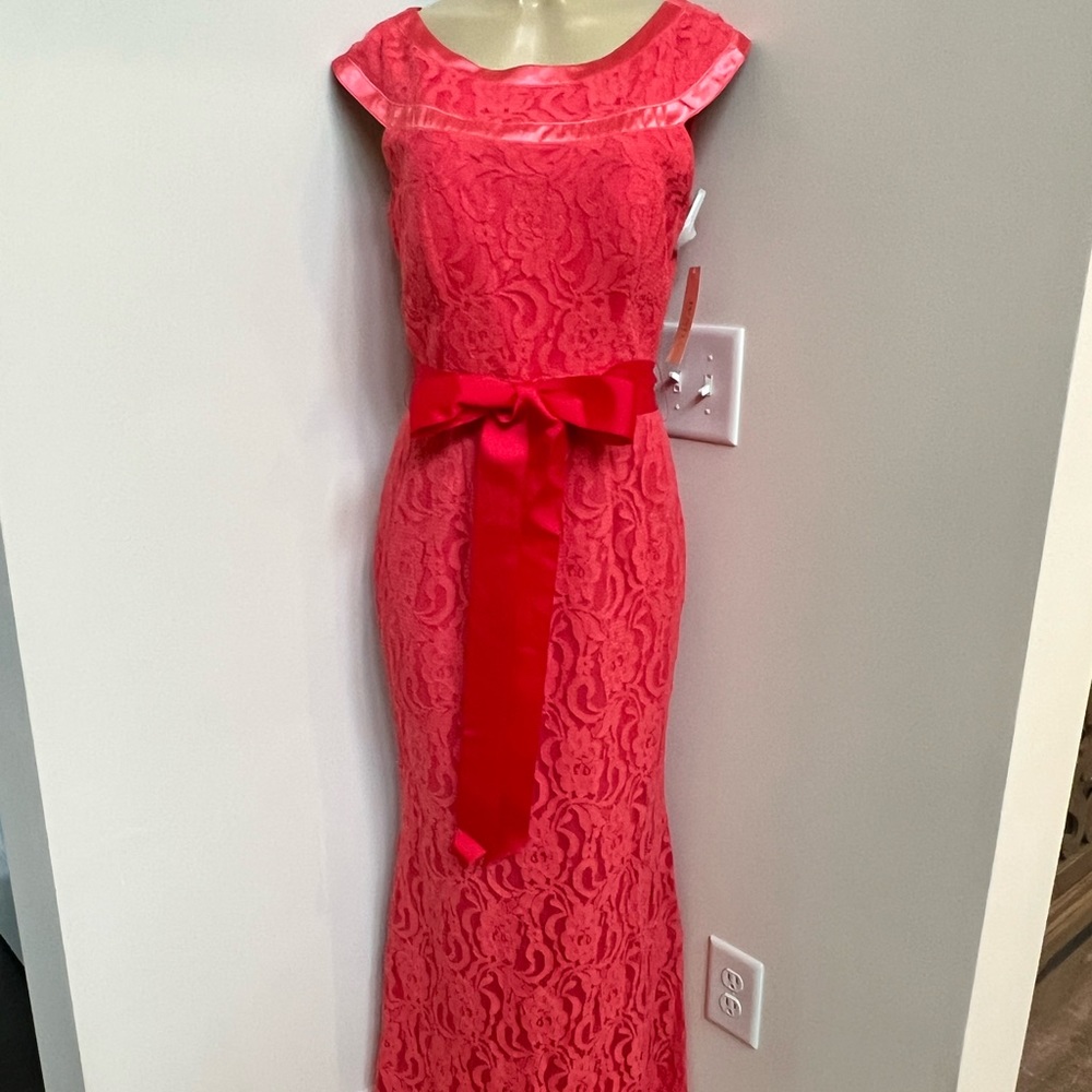 Juno coral belted lace gown dress.